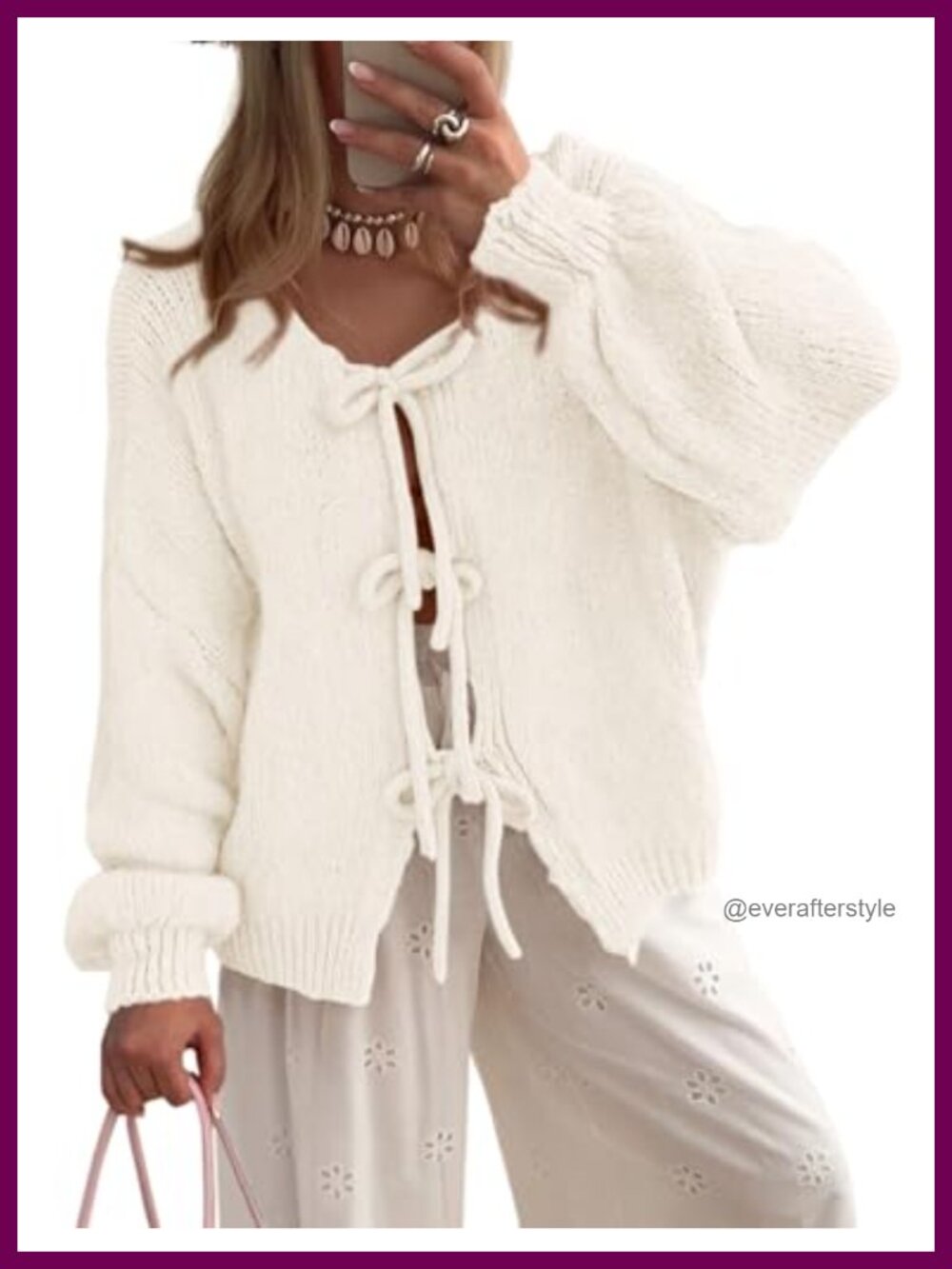 Women's Tie Front Bow Cardigan Sweater Cable Knit Puff Sleeve